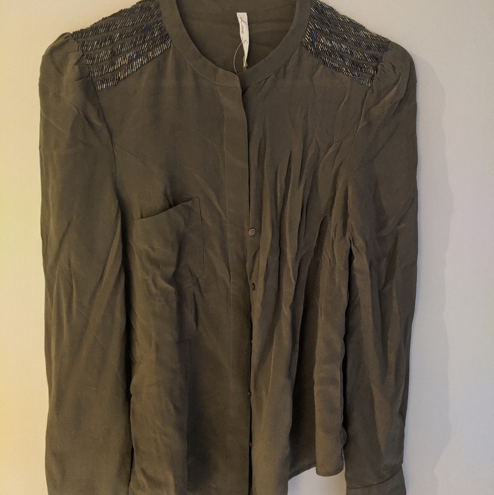 Love Sam Olive Silk Top with Beaded Yolk